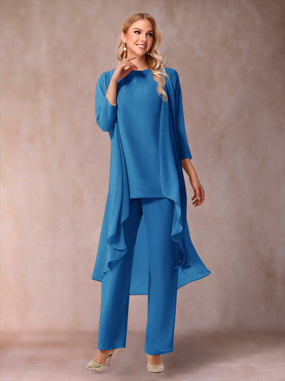 Chiffon Scoop 3/4 Sleeves 3 Pieces Pantsuits with Ruched  & Jacket