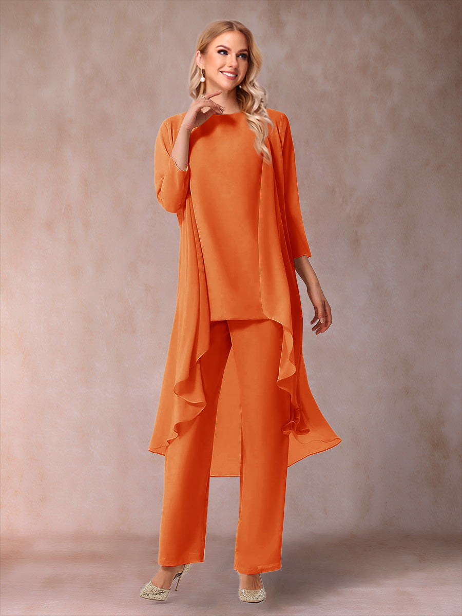 Chiffon Scoop 3/4 Sleeves 3 Pieces Pantsuits with Ruched  & Jacket