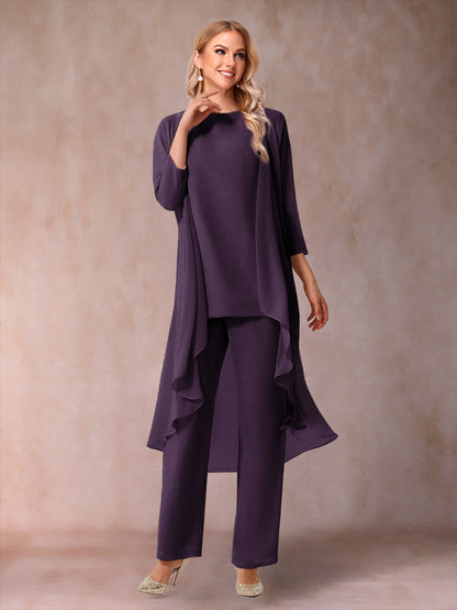 Chiffon Scoop 3/4 Sleeves 3 Pieces Pantsuits with Ruched  & Jacket