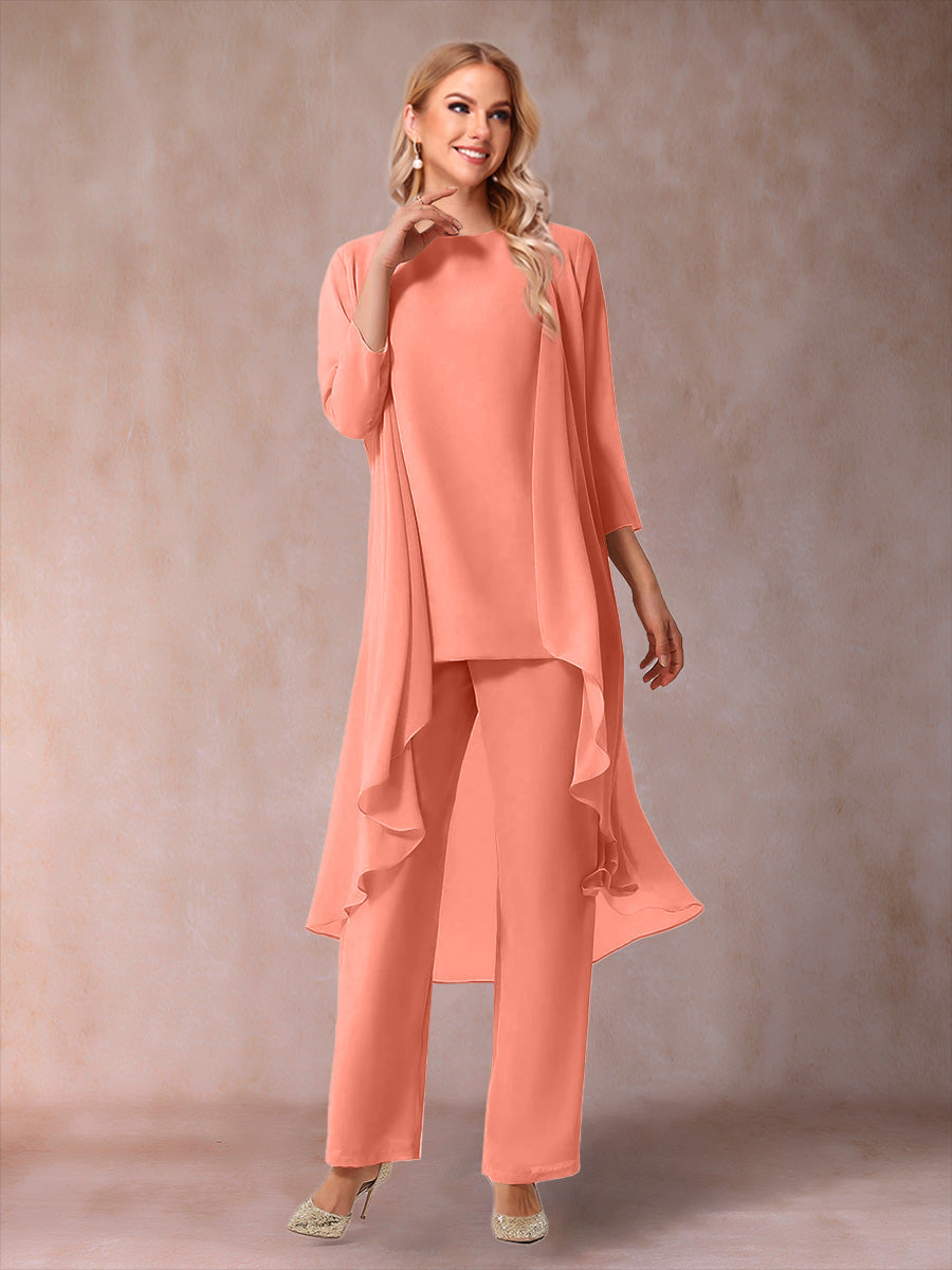 Chiffon Scoop 3/4 Sleeves 3 Pieces Pantsuits with Ruched  & Jacket