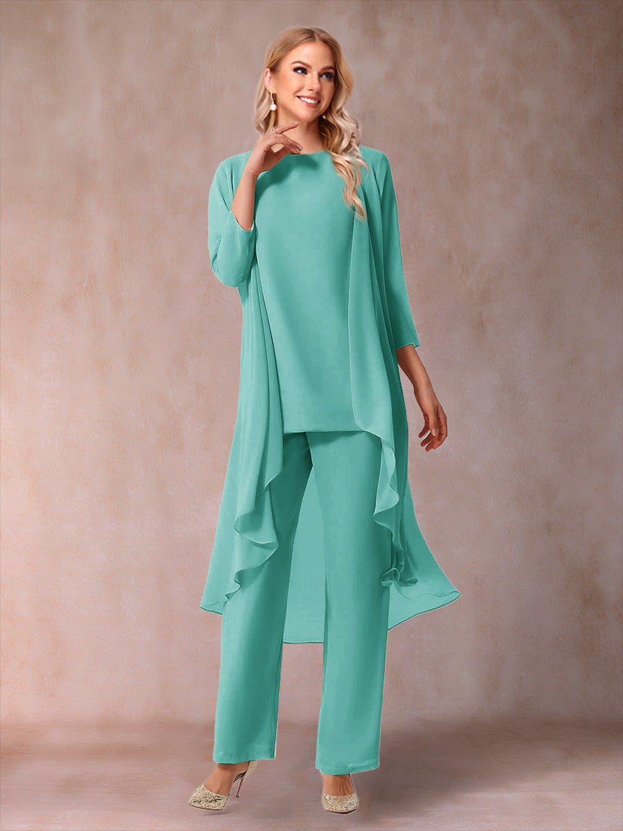 Chiffon Scoop 3/4 Sleeves 3 Pieces Pantsuits with Ruched  & Jacket