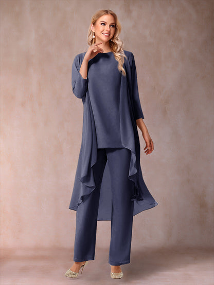 Chiffon Scoop 3/4 Sleeves 3 Pieces Pantsuits with Ruched  & Jacket