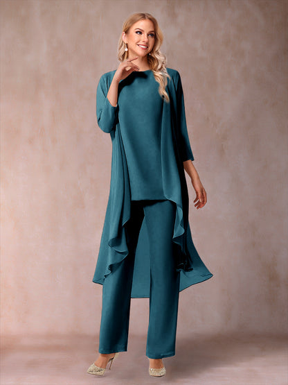 Chiffon Scoop 3/4 Sleeves 3 Pieces Pantsuits with Ruched  & Jacket