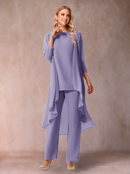 Chiffon Scoop 3/4 Sleeves 3 Pieces Pantsuits with Ruched  & Jacket