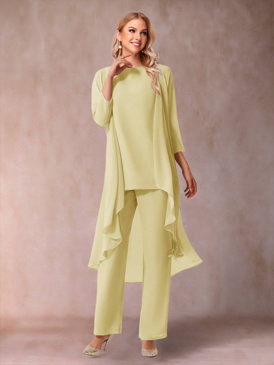 Chiffon Scoop 3/4 Sleeves 3 Pieces Pantsuits with Ruched  & Jacket