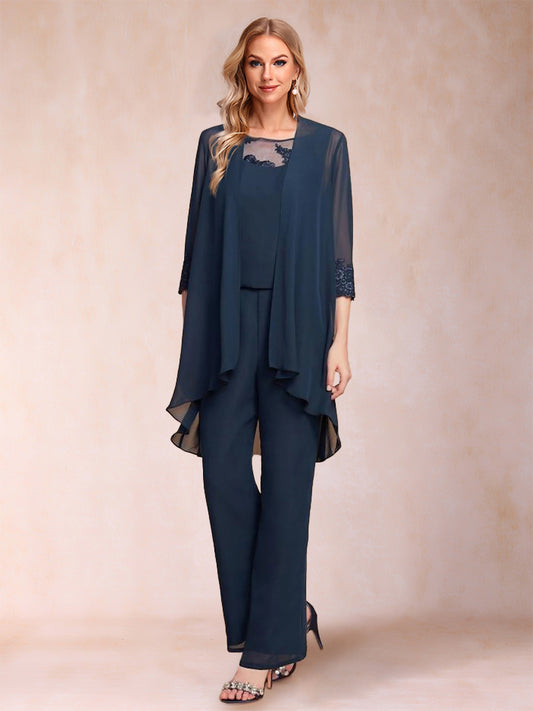 Chiffon Scoop 3/4 Sleeves 3 Pieces Pantsuits with Applique & Jacket