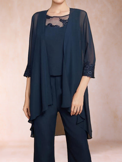 Chiffon Scoop 3/4 Sleeves 3 Pieces Pantsuits with Applique & Jacket