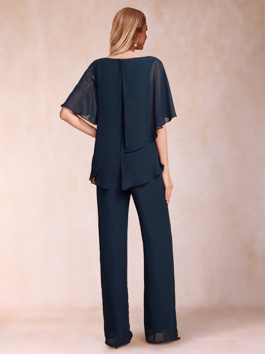 Chiffon V-Neck Half Sleeves 2 Pieces Pantsuits with Rhinestone