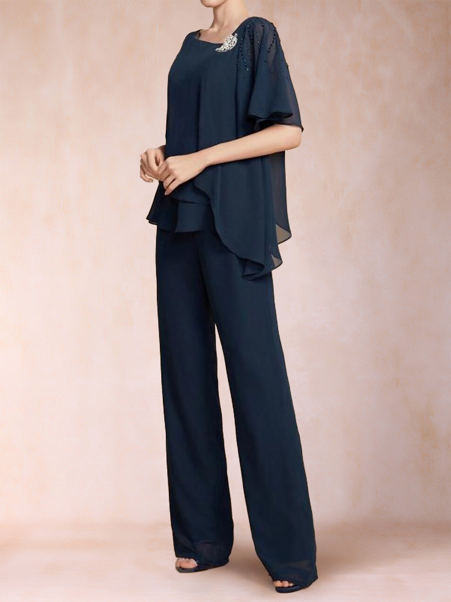 Chiffon V-Neck Half Sleeves 2 Pieces Pantsuits with Rhinestone