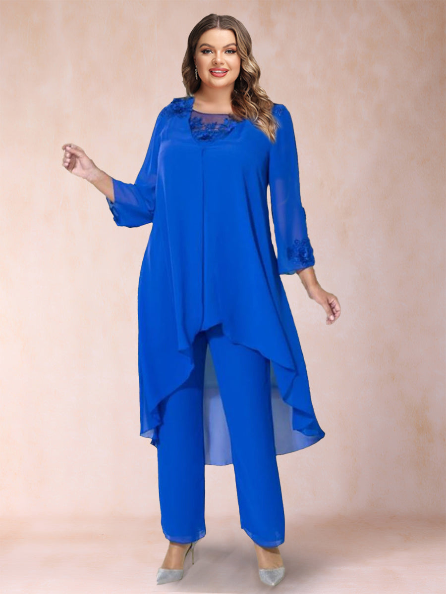 Chiffon Scoop 3/4 Sleeves 3 Pieces Pantsuits with Applique & Jacket