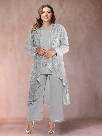 Chiffon Scoop Long Sleeves 3 Pieces Plus Size Pantsuits with Sequins & Jacket