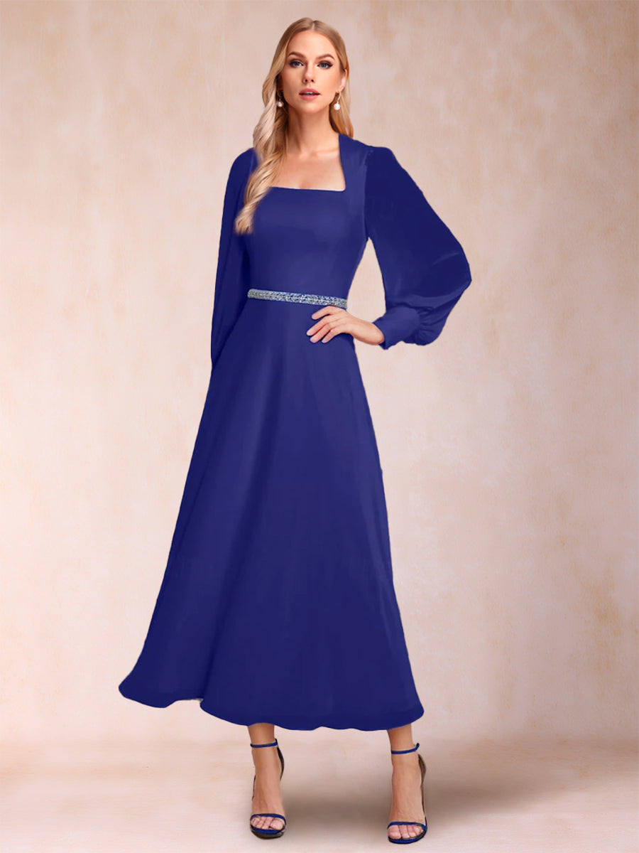 A-Line/Princess Chiffon Square Neck Ankle Long Sleeves Mother of the Bride Dresses with Sequins