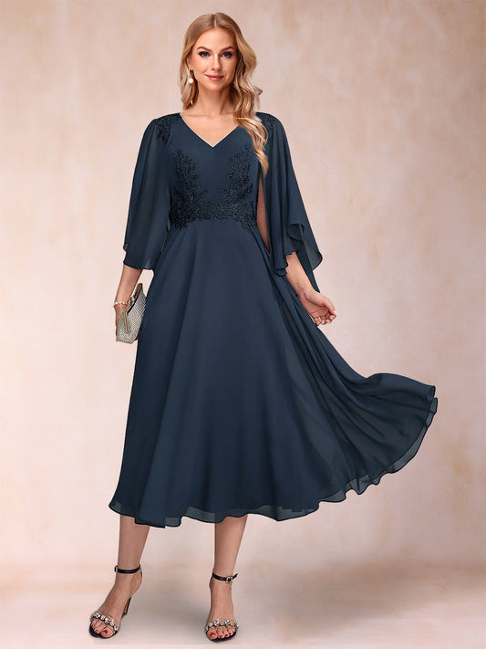 A-Line/Princess Chiffon V-Neck 3/4 Sleeves Mother of the Bride Dresses with Applique