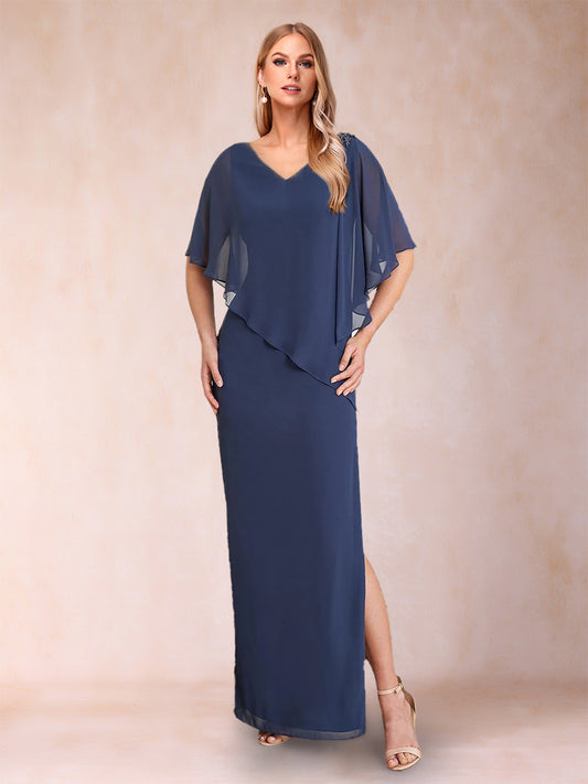 Sheath/Column Chiffon V-Neck Half Sleeves Mother of the Bride Dresses with Split Side