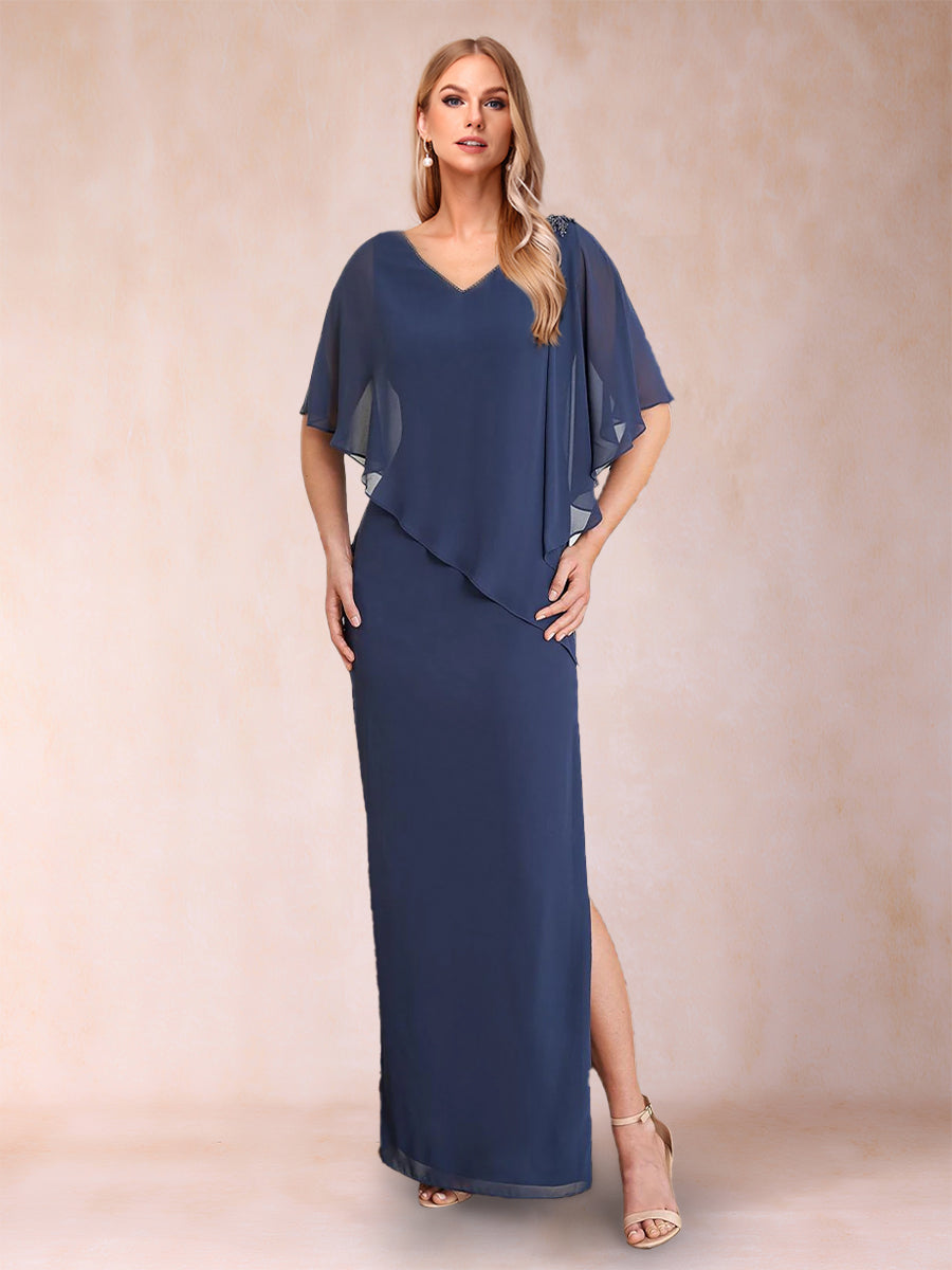 Sheath/Column Chiffon V-Neck Half Sleeves Mother of the Bride Dresses with Split Side