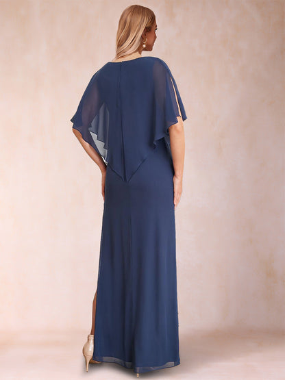 Sheath/Column Chiffon V-Neck Half Sleeves Mother of the Bride Dresses with Split Side