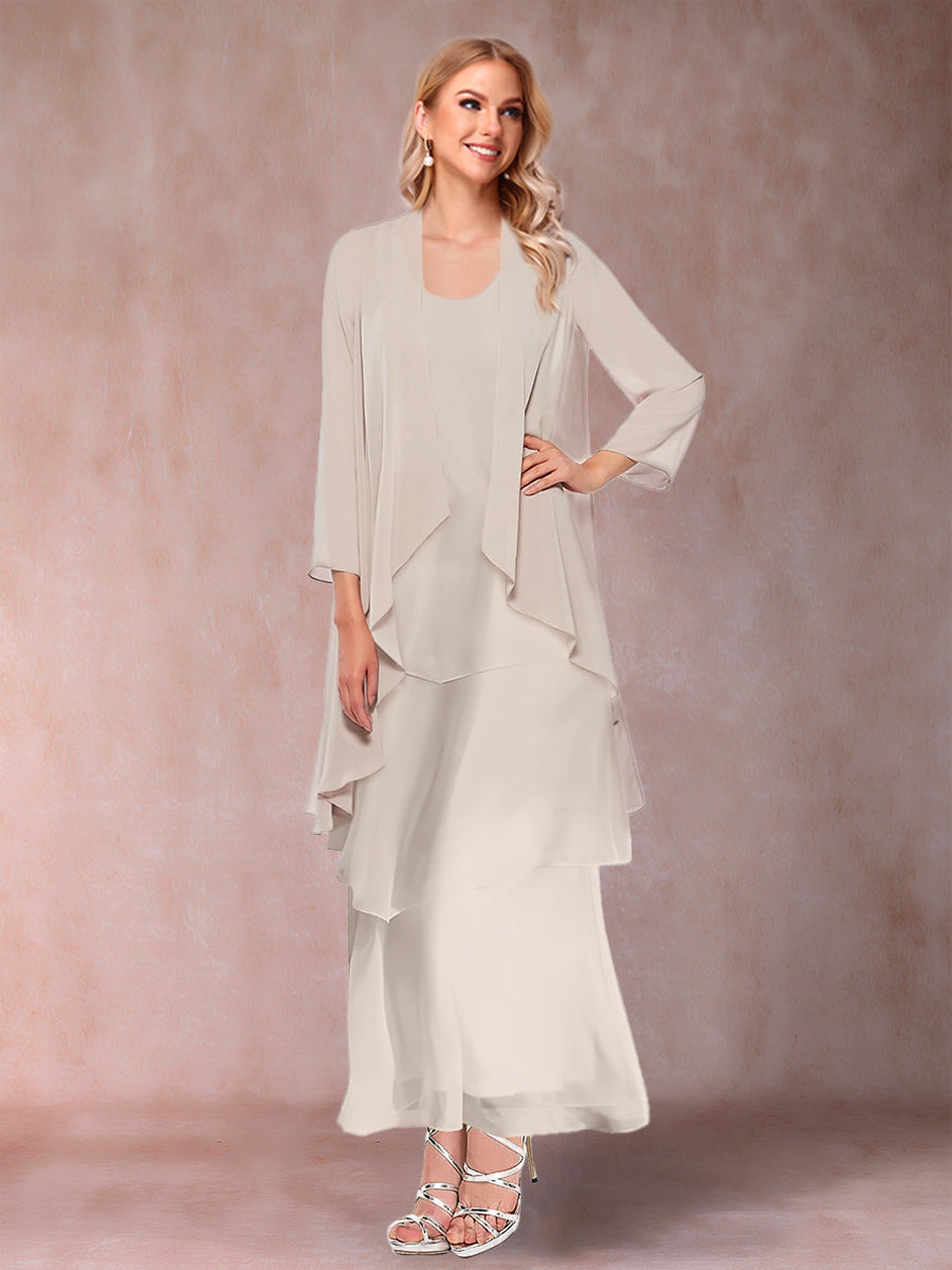 A-Line/Princess Scoop 3/4 Sleeves 3 Pieces Mother of the Bride Dress with Ruffles & Jacket