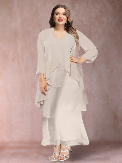 A-Line/Princess Scoop 3/4 Sleeves 3 Pieces Plus Size Mother of the Bride Dress with Ruffles & Jacket