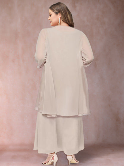 A-Line/Princess Scoop 3/4 Sleeves 3 Pieces Plus Size Mother of the Bride Dress with Ruffles & Jacket