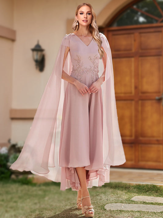 A-Line/Princess Chiffon V-Neck Short Sleeves Mother of the Bride Dresses with Applique