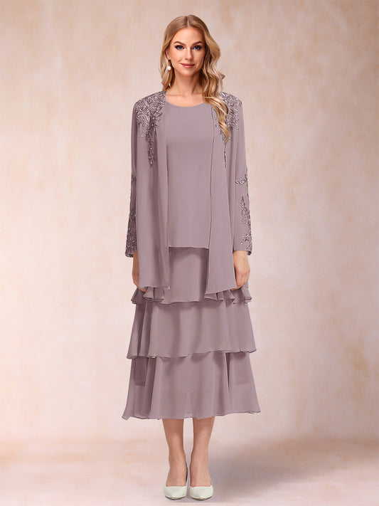 A-Line/Princess Scoop Long Sleeves Tiered 2 Pieces Mother of the Bride Dress with Applique & Jacket