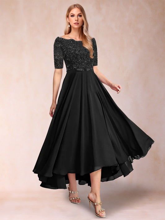 A-Line/Princess Chiffon Scoop Half Sleeves Mother of the Bride Dresses with Applique