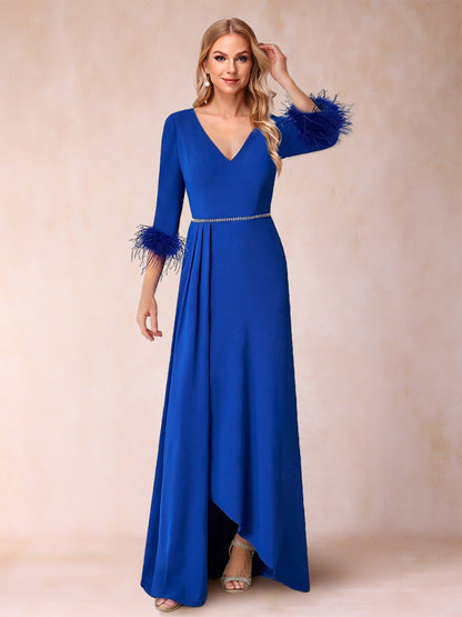 A-Line/Princess V-Neck Half Sleeves Mother of the Bride Dresses with Sash