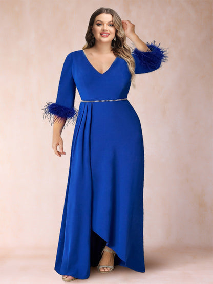 A-Line/Princess V-Neck Half Sleeves Plus Size Mother of the Bride Dresses with Sash