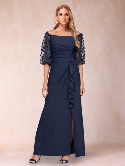 Sheath/Column Off-the-Shoulder Half Sleeves Mother of the Bride Dresses with Applique