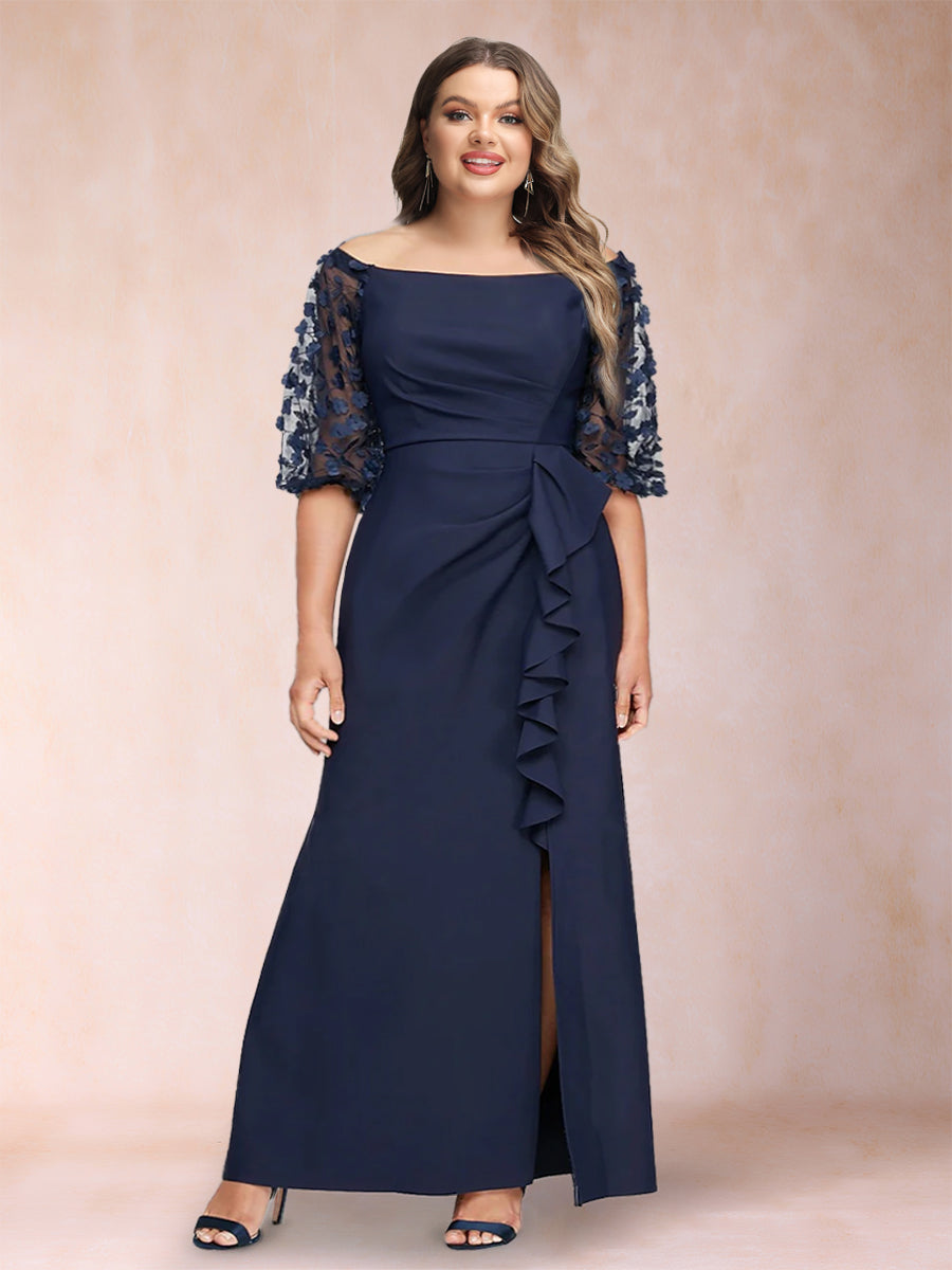 Sheath/Column Off-the-Shoulder Half Sleeves Plus Size Mother of the Bride Dresses with Applique