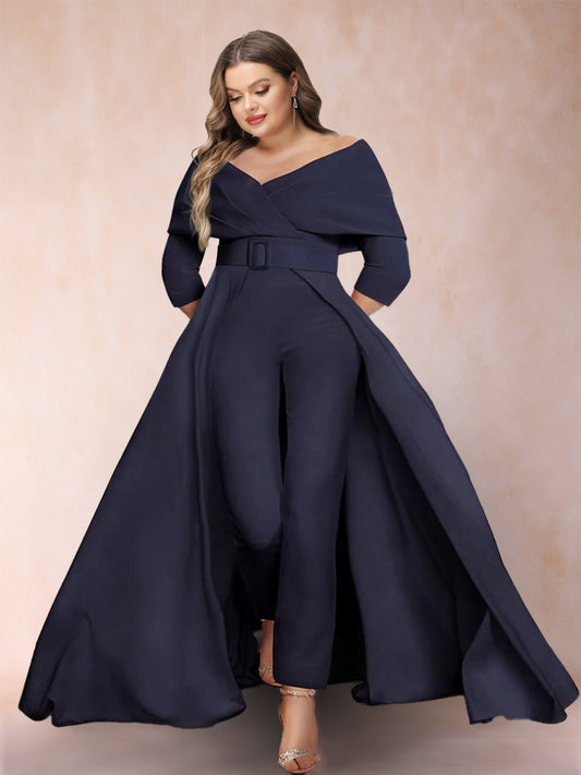 A-Line/Princess V-Neck 3/4 Sleeves 2 Pieces Plus Size Pantsuits with Belt