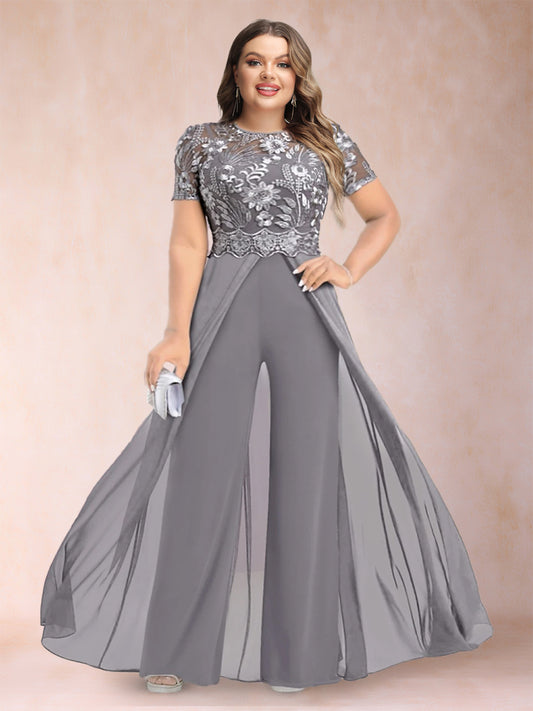 A-Line/Princess Scoop Short Sleeves 2 Pieces Plus Size Mother of the Bride Pantsuits with Applique