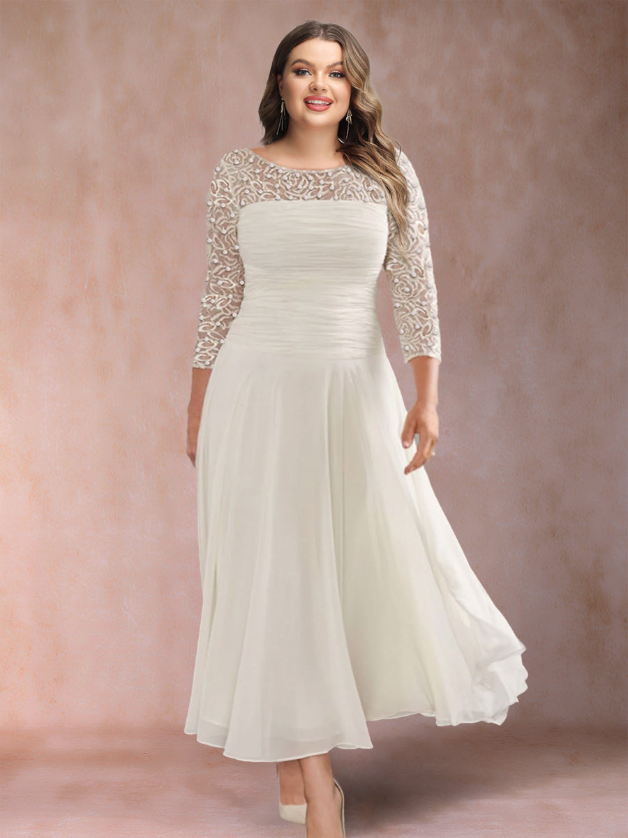 A-Line/Princess Scoop 3/4 Sleeves Plus Size Mother of the Bride Dresses with Applique