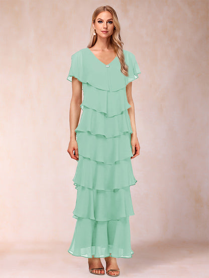 Sheath/Column V-Neck Short Sleeves Mother of the Bride Dresses with Ruffles