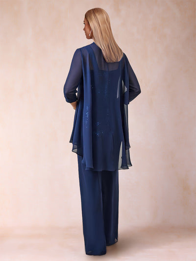 Chiffon Scoop 3/4 Sleeves 3 Pieces Pantsuits with Applique & Jacket