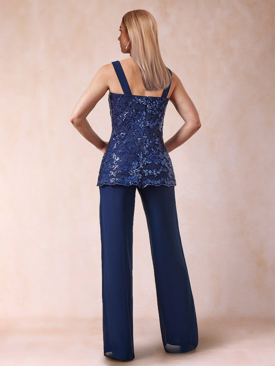 Chiffon Scoop 3/4 Sleeves 3 Pieces Pantsuits with Applique & Jacket