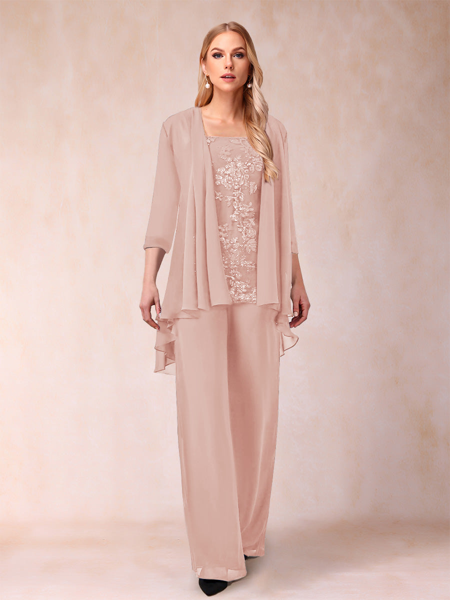 Chiffon Scoop 3/4 Sleeves 3 Pieces Pantsuits with Applique & Jacket