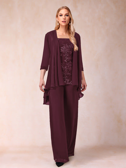 Chiffon Scoop 3/4 Sleeves 3 Pieces Pantsuits with Applique & Jacket