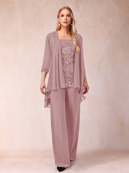 Chiffon Scoop 3/4 Sleeves 3 Pieces Pantsuits with Applique & Jacket