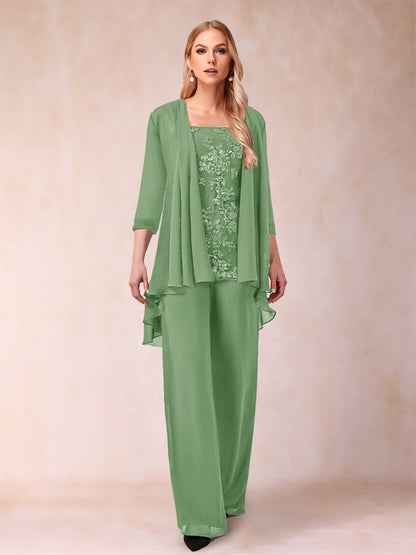 Chiffon Scoop 3/4 Sleeves 3 Pieces Pantsuits with Applique & Jacket