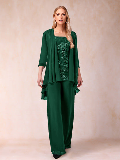 Chiffon Scoop 3/4 Sleeves 3 Pieces Pantsuits with Applique & Jacket