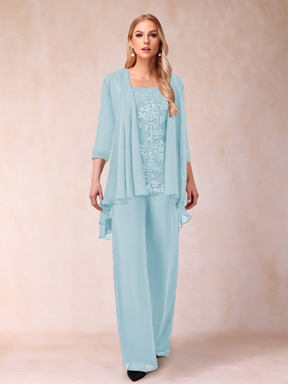 Chiffon Scoop 3/4 Sleeves 3 Pieces Pantsuits with Applique & Jacket