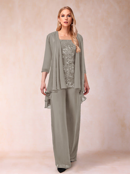 Chiffon Scoop 3/4 Sleeves 3 Pieces Pantsuits with Applique & Jacket