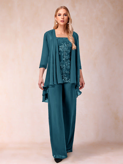 Chiffon Scoop 3/4 Sleeves 3 Pieces Pantsuits with Applique & Jacket