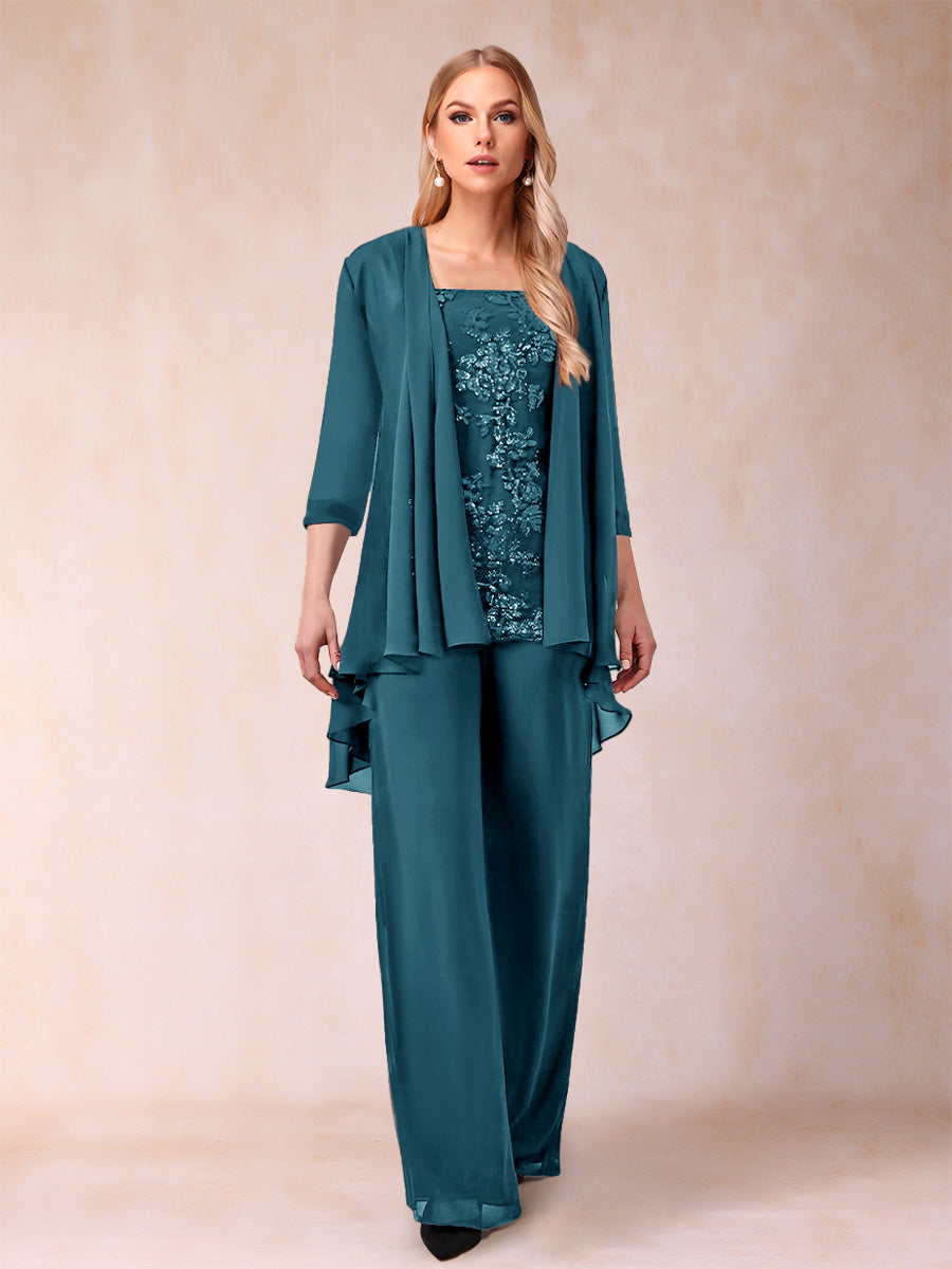 Chiffon Scoop 3/4 Sleeves 3 Pieces Pantsuits with Applique & Jacket