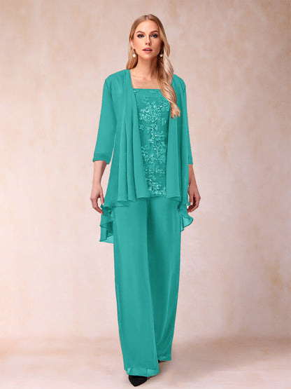 Chiffon Scoop 3/4 Sleeves 3 Pieces Pantsuits with Applique & Jacket