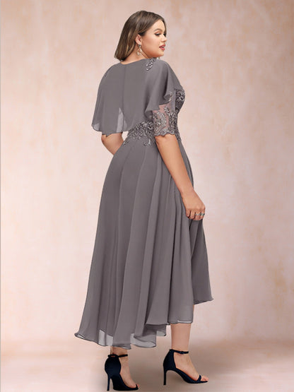 A-Line/Princess Scoop Half Sleeves Plus Size Mother of the Bride Dresses with Applique