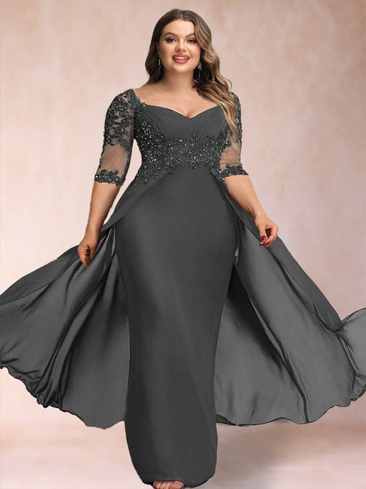 Sheath/Column V-Neck Half Sleeves Plus Size Mother of the Bride Dresses with Applique