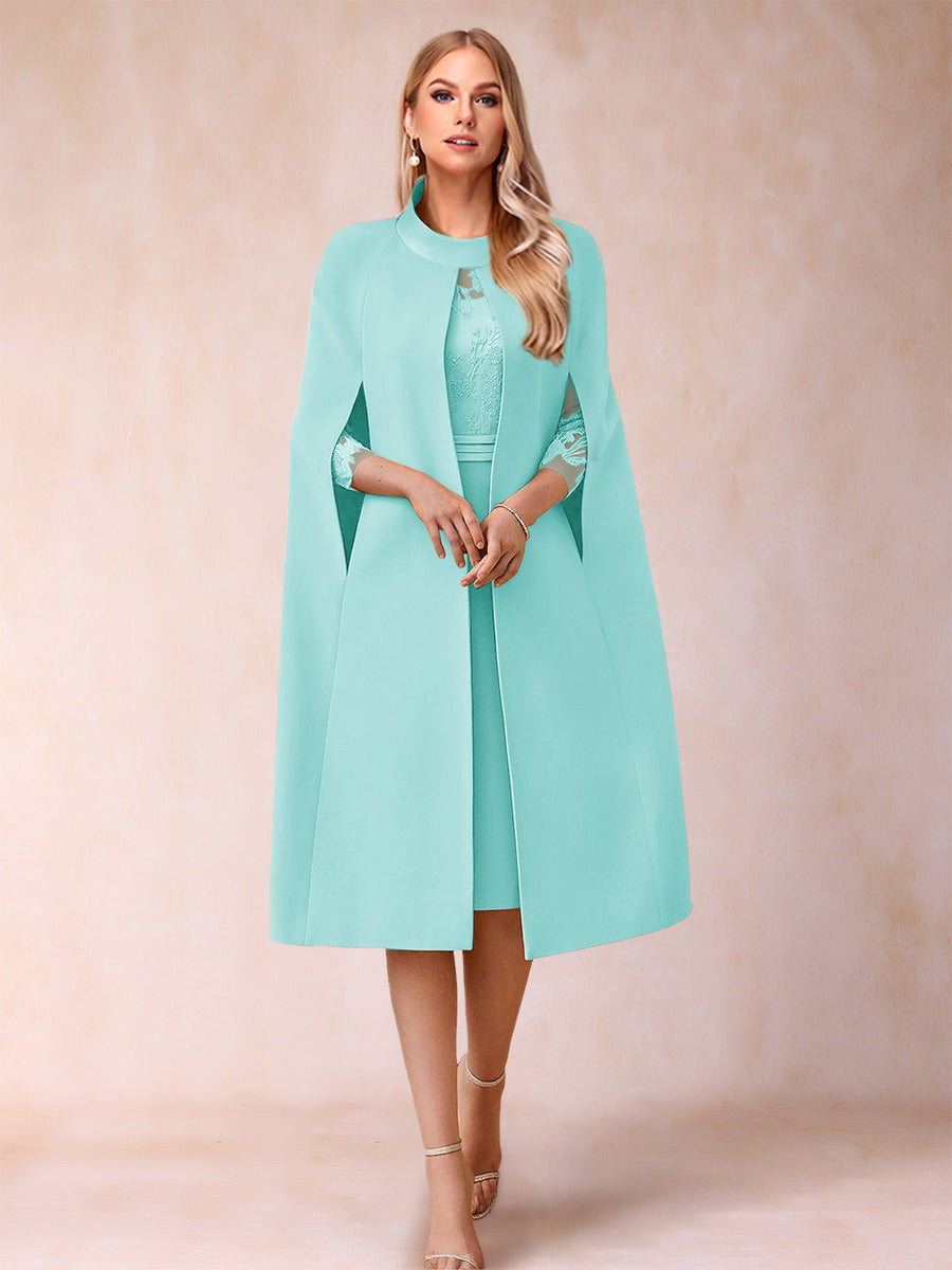 Sheath/Column Scoop 3/4 Sleeves 2 Pieces Mother of the Bride Dresses with Applique