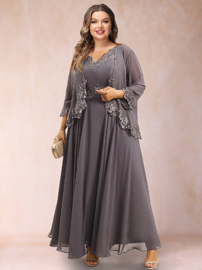 A-Line/Princess V-Neck 3/4 Sleeves 2 Pieces Plus Size Mother of the Bride Dresses with Applique